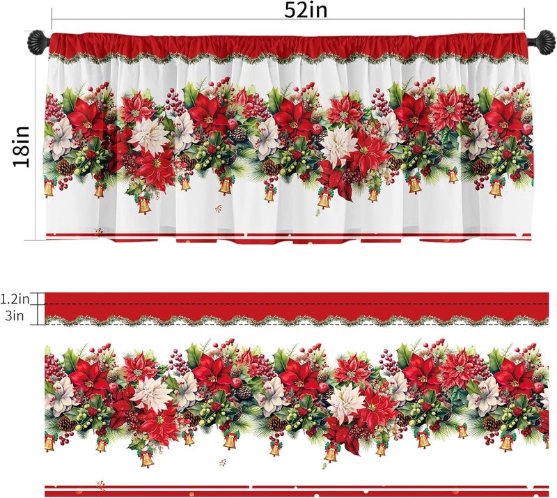 SUNWISHA Christmas Poinsettia Curtains Valance for Kitchen Window 52 x 18 Inch Window Decor Red - Image 2